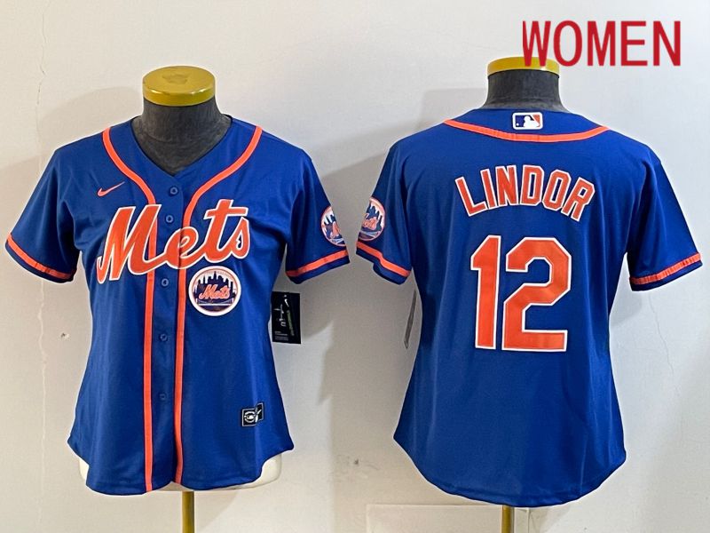 Women New York Mets #12 Lindor Blue Game 2024 Nike MLB Jersey style 12184